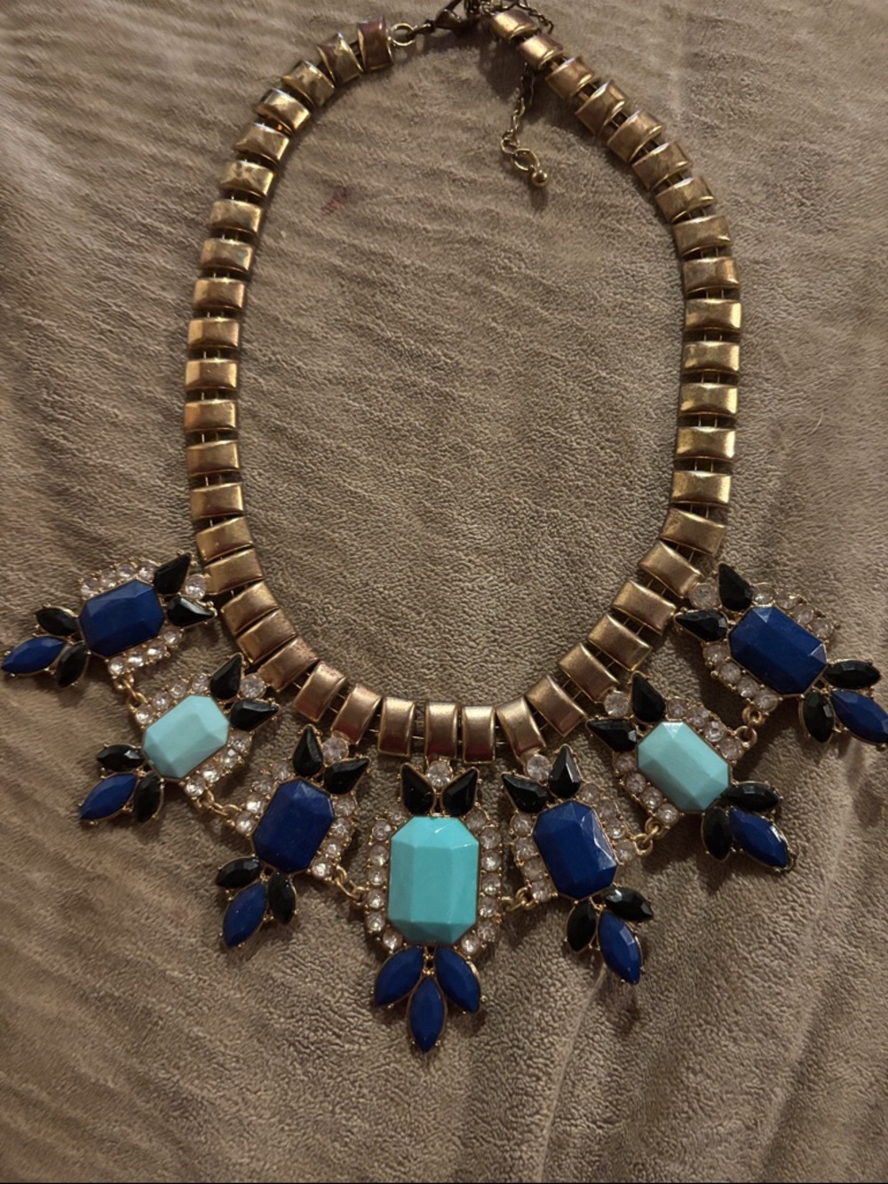 Statement Gold Necklace with Blue and Turquoise Gem Accents